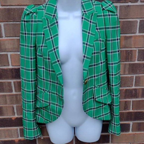 Smythe Equestrian Puff Sleeve Wool Blazer Kelly Green Hunting Plaid Size 6 NWT - Picture 5 of 9